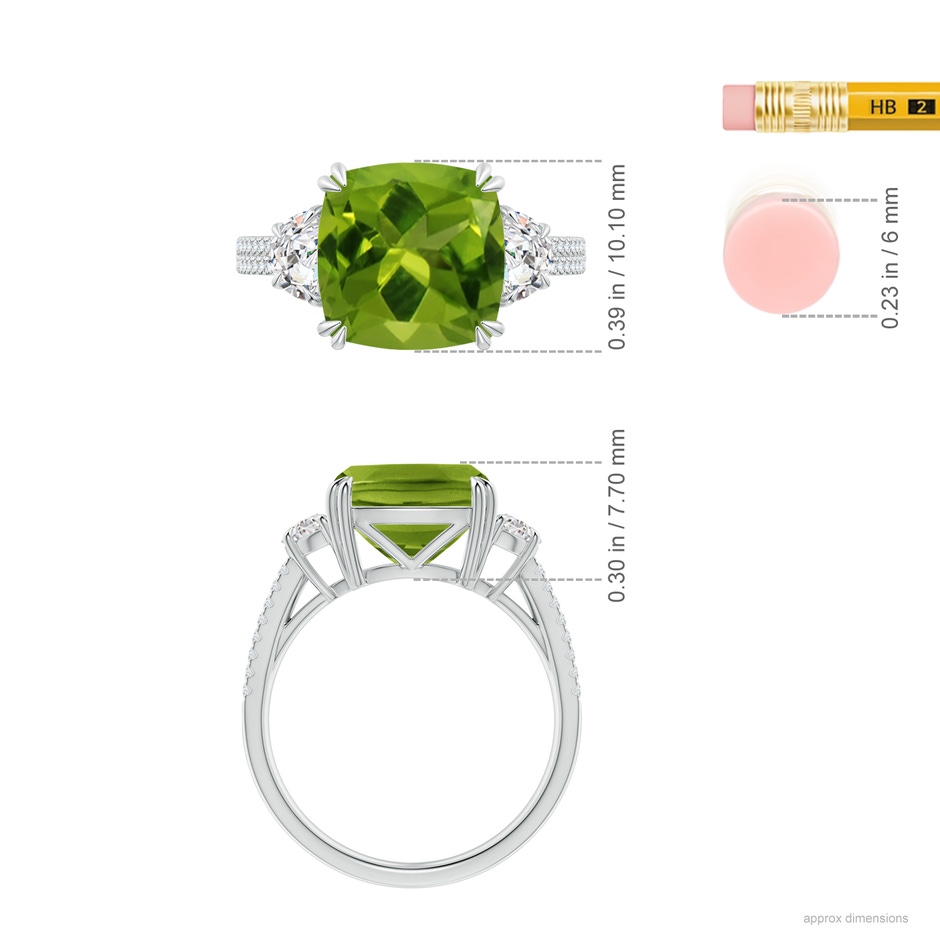 10.12x10.08x6.10mm AAAA GIA Certified Cushion Peridot Ring with Half Moon Diamonds in White Gold ruler