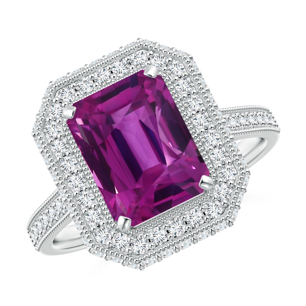 9.20x6.72x5.84mm AAAA GIA Certified Emerald Cut Pink Sapphire Halo Ring in 18K White Gold