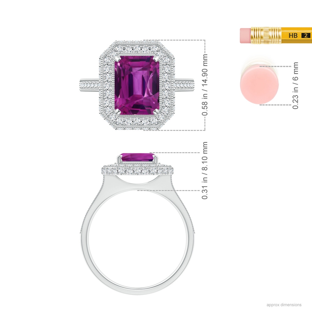9.20x6.72x5.84mm AAAA GIA Certified Emerald Cut Pink Sapphire Halo Ring in 18K White Gold Ruler