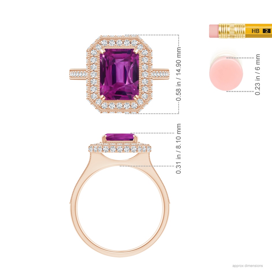 9.20x6.72x5.84mm AAAA GIA Certified Emerald Cut Pink Sapphire Halo Ring in 9K Rose Gold ruler