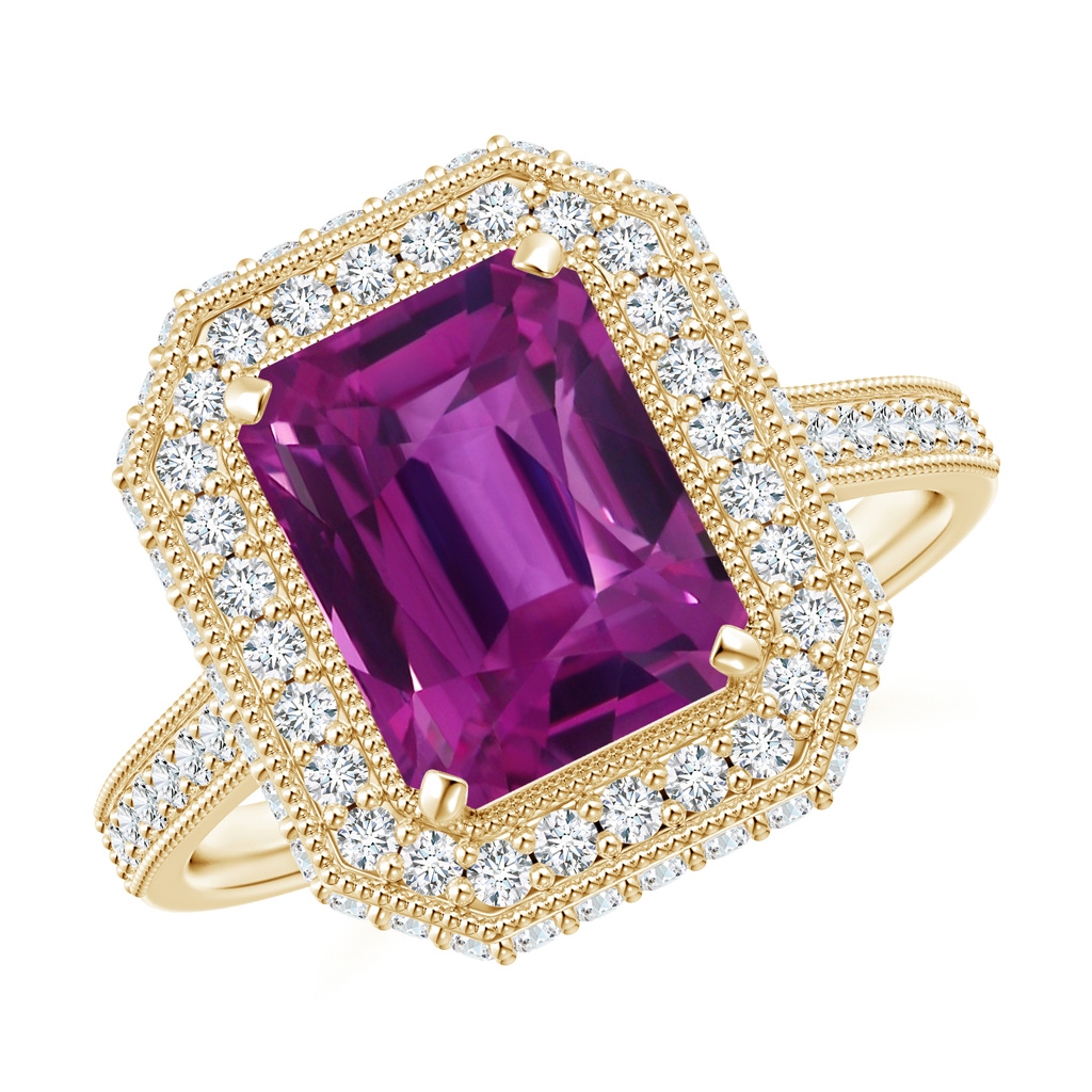 9.20x6.72x5.84mm AAAA GIA Certified Emerald Cut Pink Sapphire Halo Ring in Yellow Gold