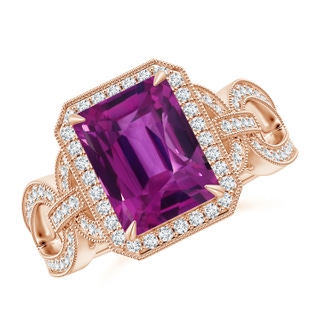 9.20x6.72x5.84mm AAAA GIA Certified Emerald Cut Pink Sapphire Ring with Diamond Halo in 10K Rose Gold