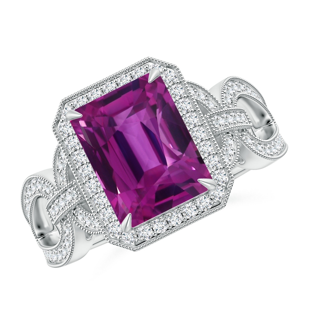 9.20x6.72x5.84mm AAAA GIA Certified Emerald Cut Pink Sapphire Ring with Diamond Halo in 18K White Gold
