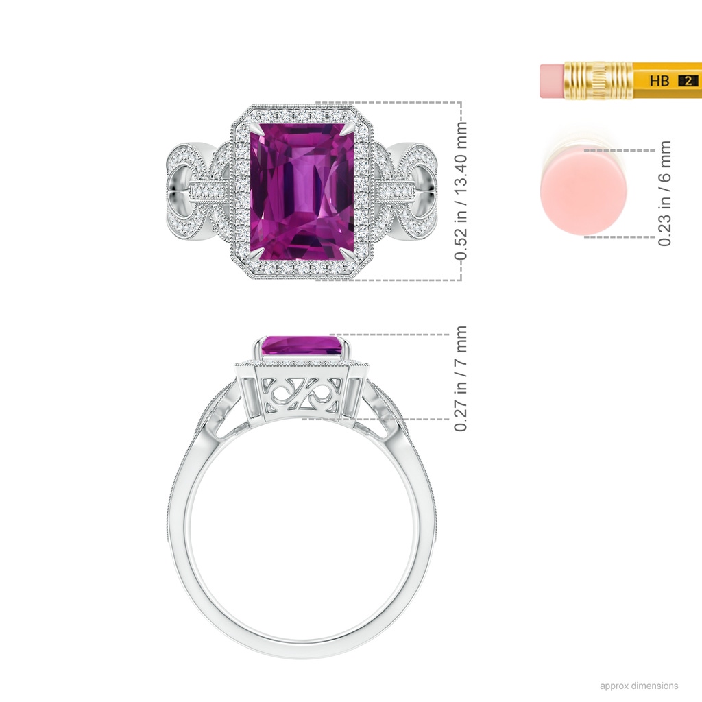 9.20x6.72x5.84mm AAAA GIA Certified Emerald Cut Pink Sapphire Ring with Diamond Halo in 18K White Gold Ruler