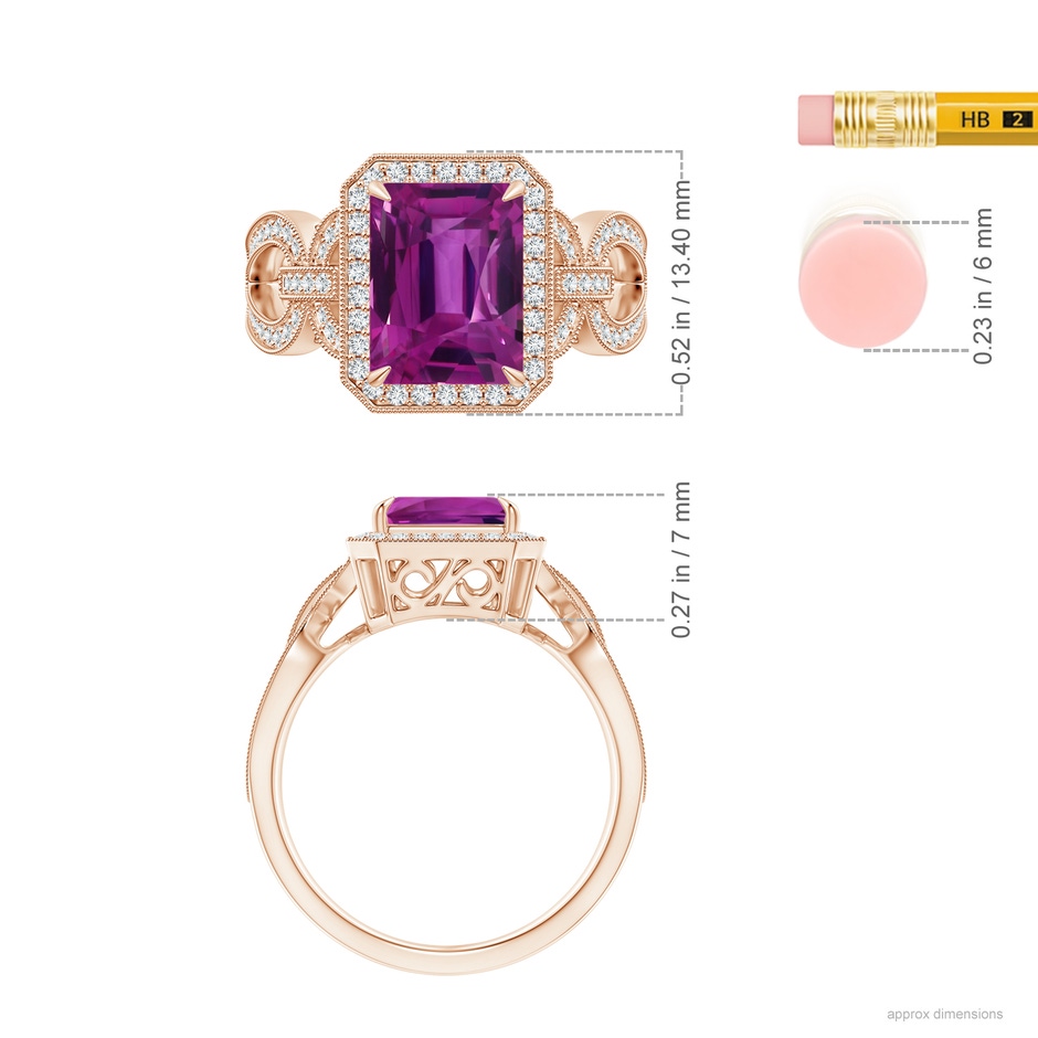 9.20x6.72x5.84mm AAAA GIA Certified Emerald Cut Pink Sapphire Ring with Diamond Halo in Rose Gold ruler