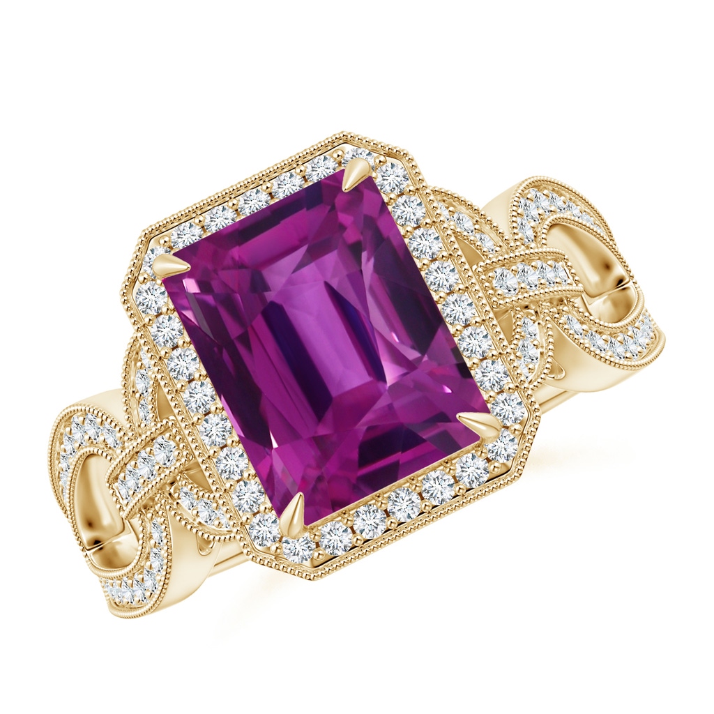 9.20x6.72x5.84mm AAAA GIA Certified Emerald Cut Pink Sapphire Ring with Diamond Halo in Yellow Gold
