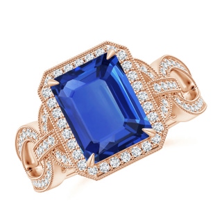 9.62x7.64x4.18mm AAAA GIA Certified Octagonal Blue Sapphire Ring with Diamond Halo in 10K Rose Gold