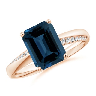 10.16x8.11x5.46mm AAAA GIA Certified Emerald Cut London Blue Topaz Twist Shank Ring in 9K Rose Gold
