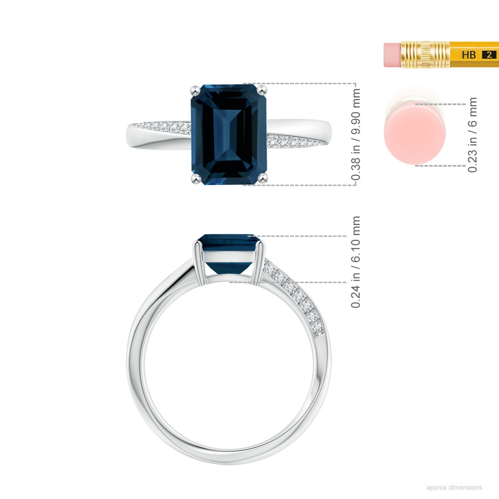 10.16x8.11x5.46mm AAAA GIA Certified Emerald Cut London Blue Topaz Twist Shank Ring in White Gold ruler