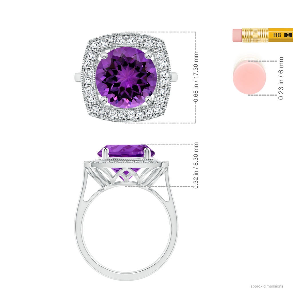 11.14x11.09x6.87mm AAA GIA Certified Round Amethyst Halo Ring with Milgrain in P950 Platinum ruler