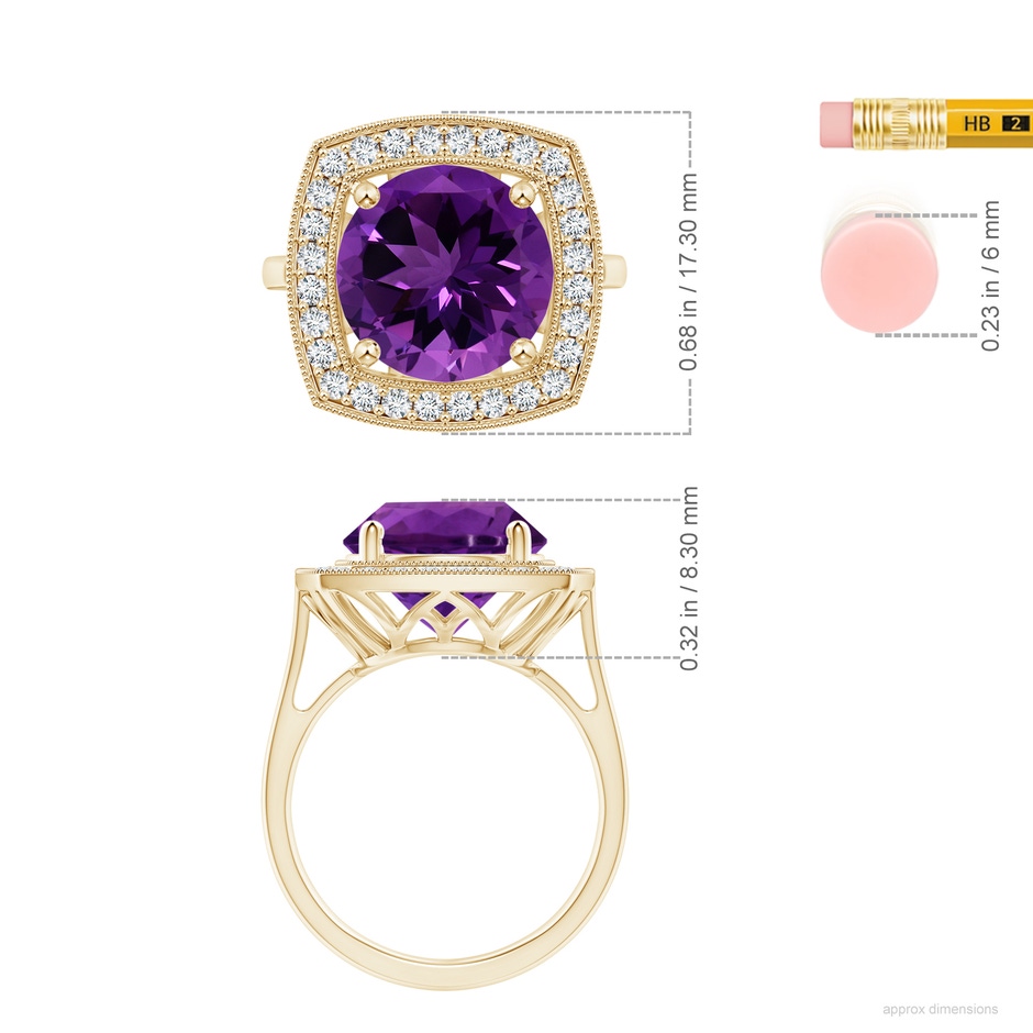 11.20x11.11x7.17mm AAA GIA Certified Round Amethyst Halo Ring with Milgrain in Yellow Gold ruler