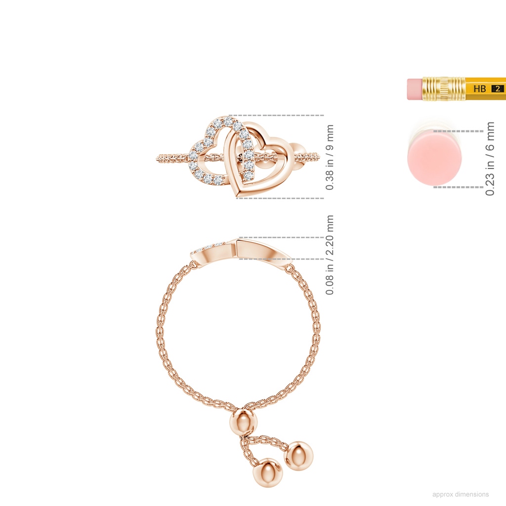 1mm GVS2 Intertwined Heart Bolo Ring with Diamonds in Rose Gold Ruler