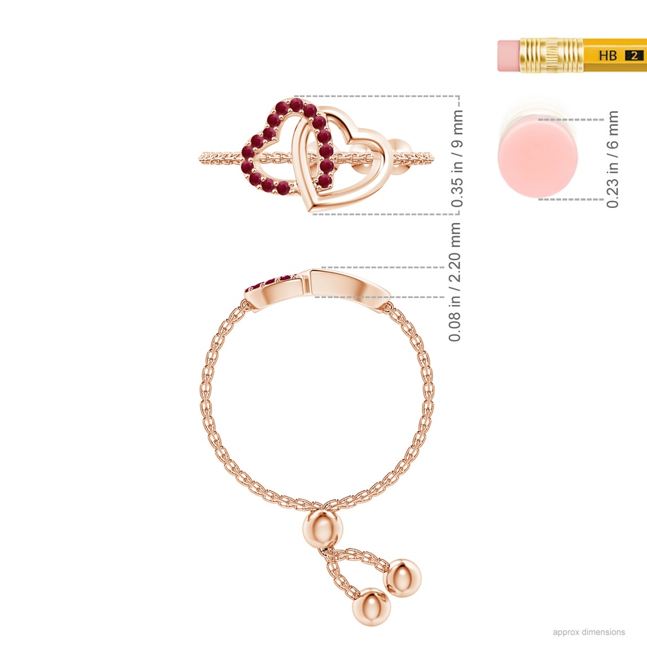 1mm A Ruby Intertwined Heart Bolo Ring in Rose Gold ruler