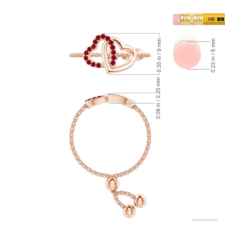 1mm AA Ruby Intertwined Heart Bolo Ring in Rose Gold ruler