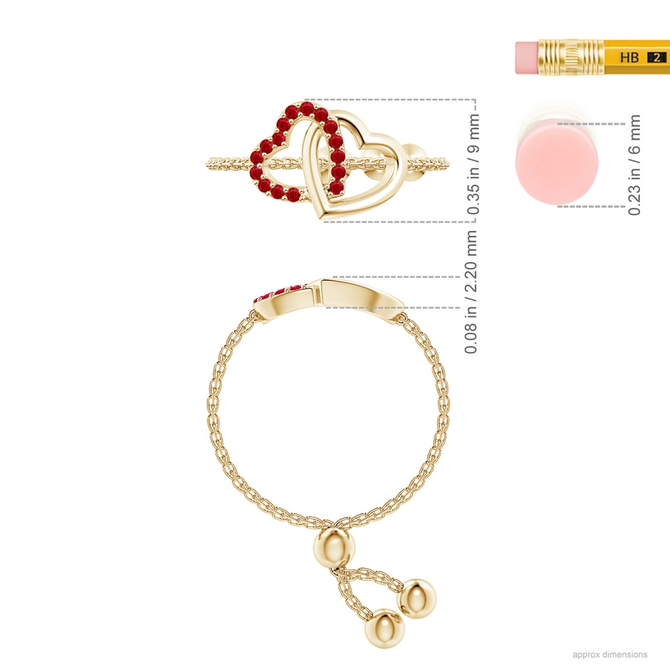 1mm AAA Ruby Intertwined Heart Bolo Ring in Yellow Gold ruler