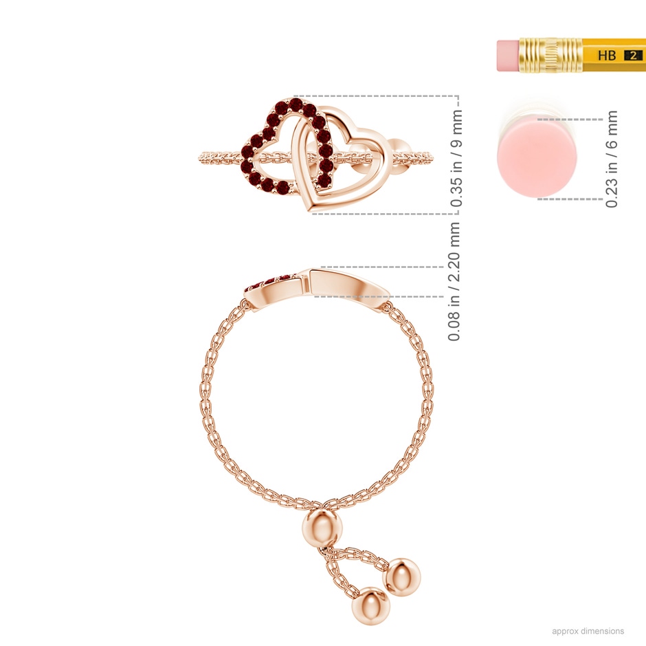 1mm AAAA Ruby Intertwined Heart Bolo Ring in Rose Gold ruler