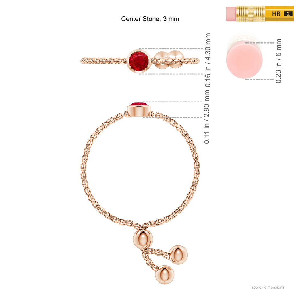 3mm AAA Bezel-Set Round Ruby Bolo Ring in Rose Gold Ruler