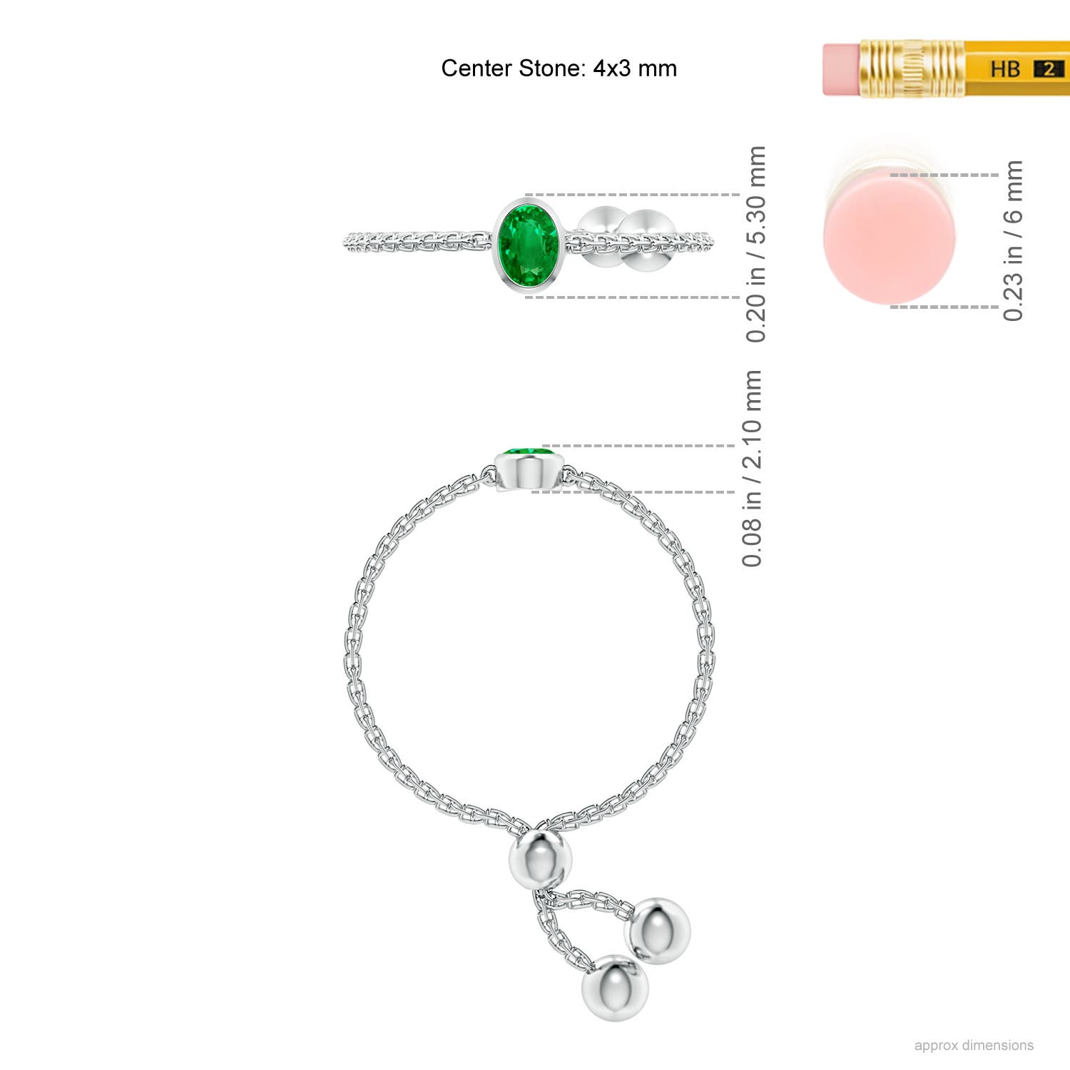 4x3mm AAAA Bezel-Set Oval Emerald Bolo Ring in White Gold - ruler