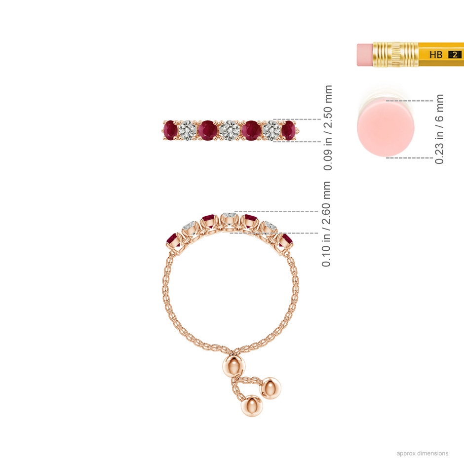 2.5mm A Seven Stone Ruby and Diamond Tennis Bolo Ring in Rose Gold ruler