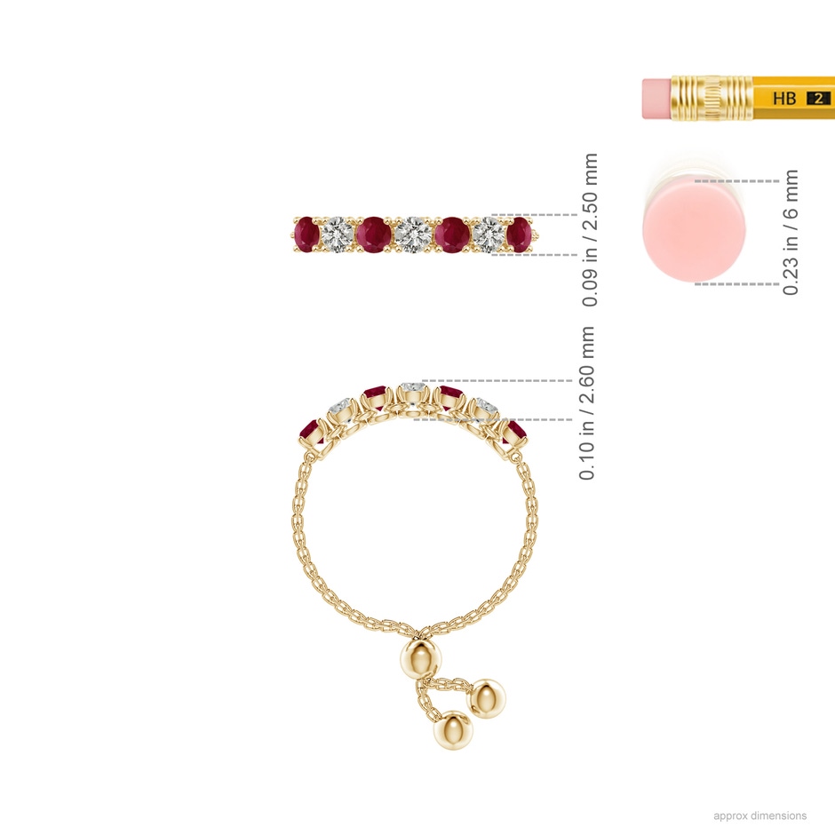 2.5mm A Seven Stone Ruby and Diamond Tennis Bolo Ring in Yellow Gold ruler