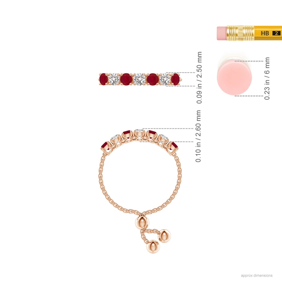 2.5mm AA Seven Stone Ruby and Diamond Tennis Bolo Ring in Rose Gold ruler