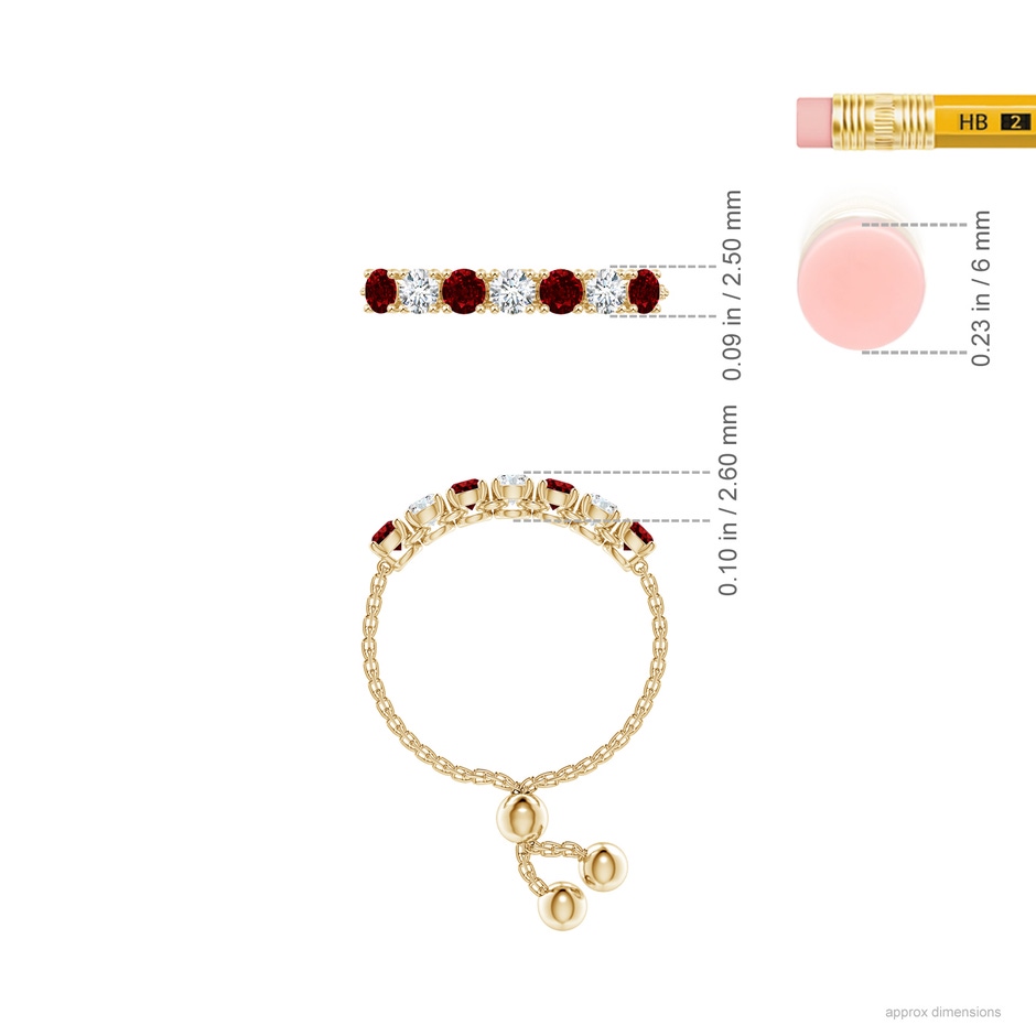 2.5mm AAAA Seven Stone Ruby and Diamond Tennis Bolo Ring in Yellow Gold ruler