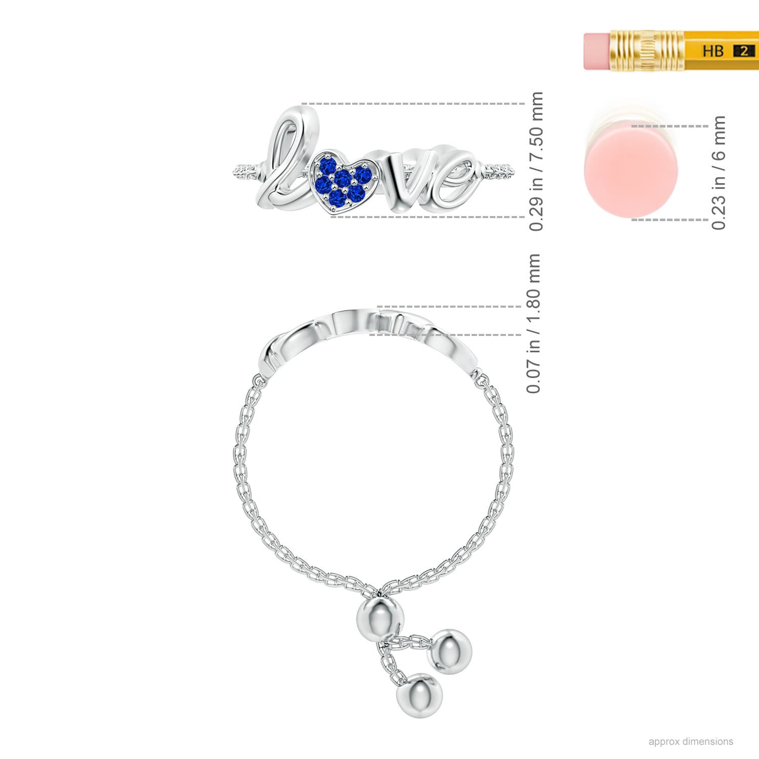 1.1mm AAAA Pave-Set Sapphire Heart Love Bolo Ring in White Gold - ruler