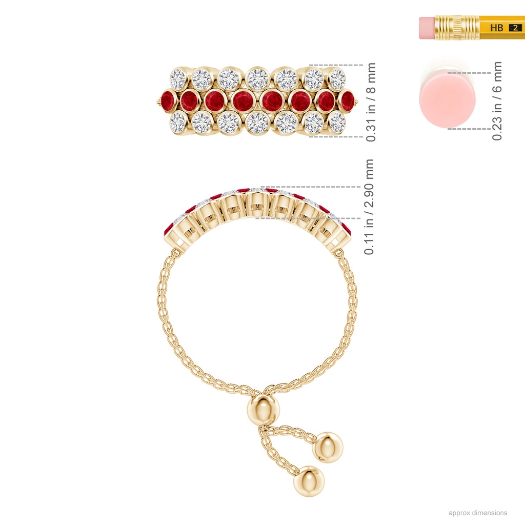 1.8mm AAA Three Row Bezel-Set Ruby and Diamond Tennis Bolo Ring in Yellow Gold Ruler