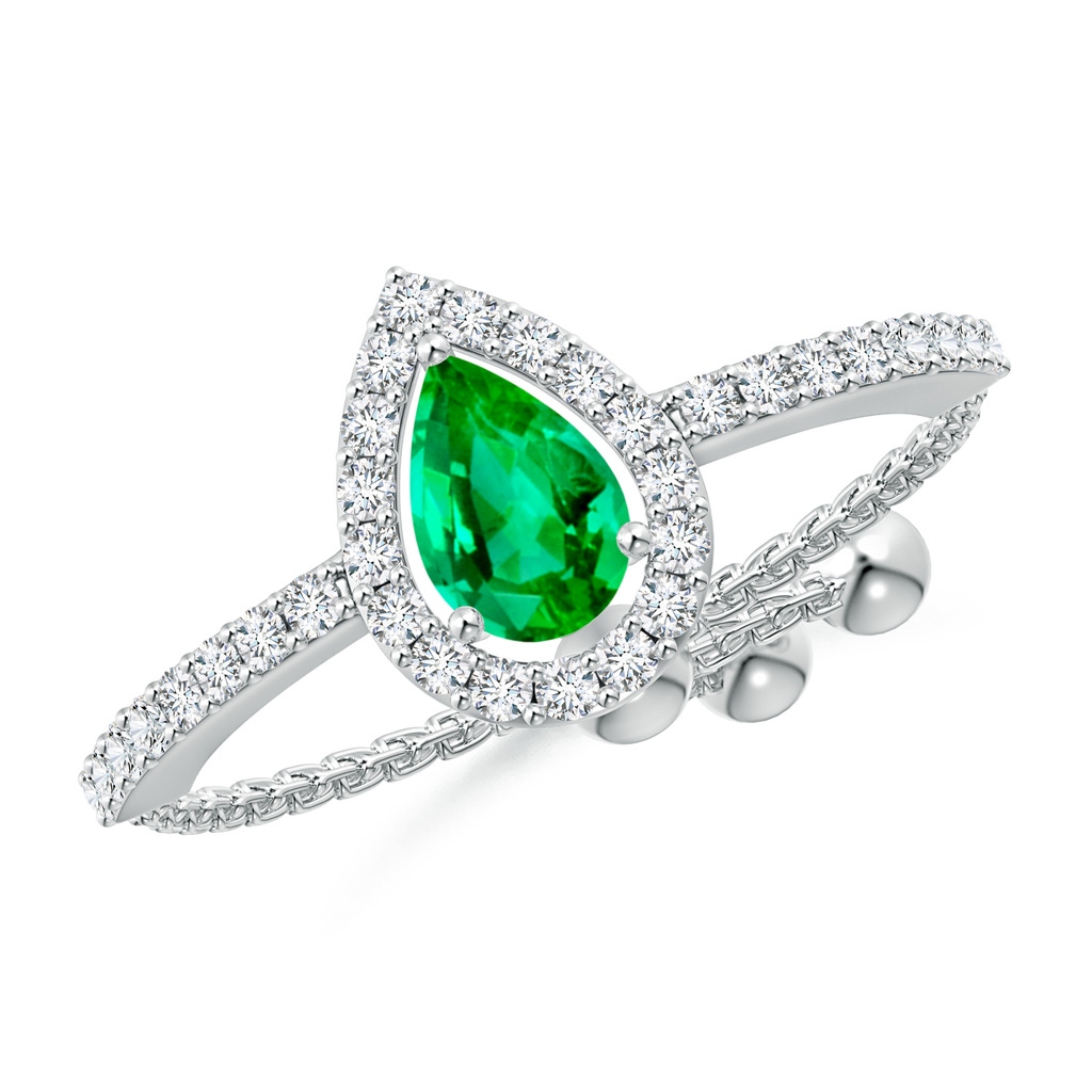6x4mm AAA Floating Pear-Shaped Emerald Bolo Ring with Halo in White Gold