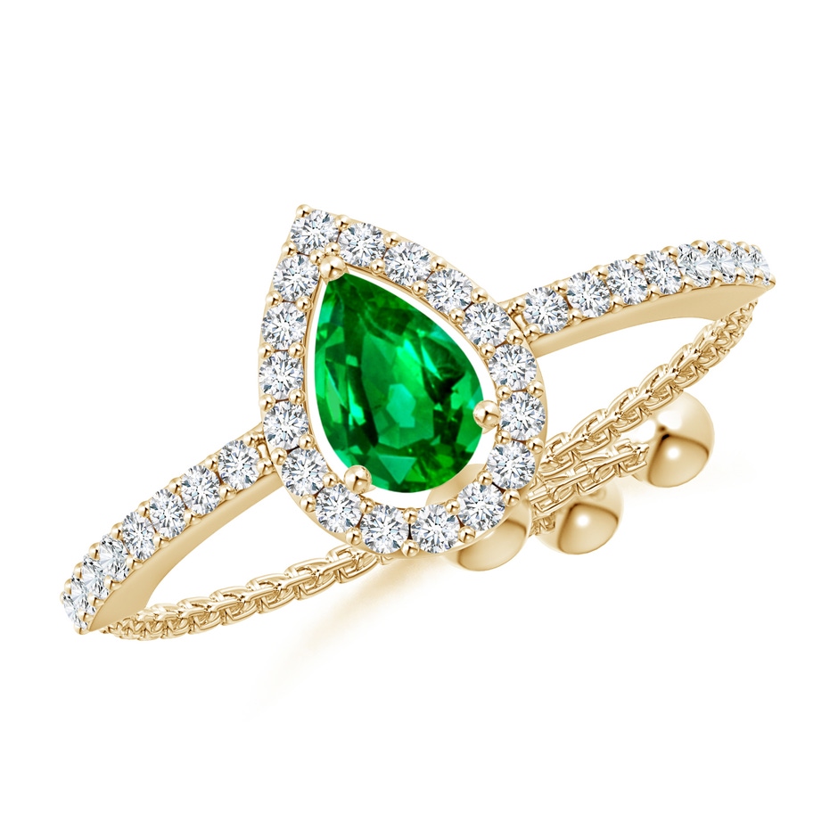 6x4mm AAAA Floating Pear-Shaped Emerald Bolo Ring with Halo in Yellow Gold 