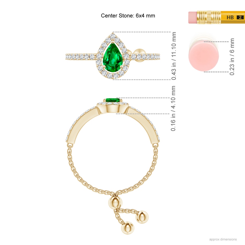 6x4mm AAAA Floating Pear-Shaped Emerald Bolo Ring with Halo in Yellow Gold ruler