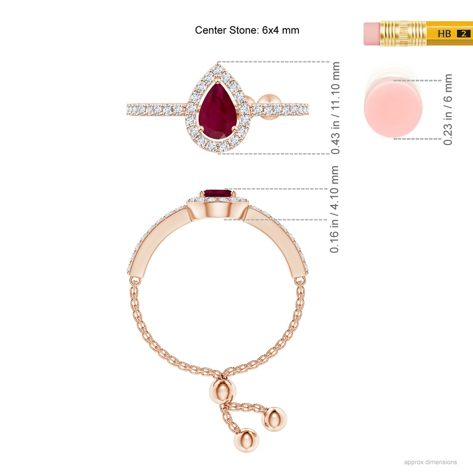 6x4mm A Floating Pear-Shaped Ruby Bolo Ring with Halo in Rose Gold ruler