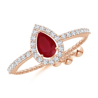 6x4mm AA Floating Pear-Shaped Ruby Bolo Ring with Halo in 10K Rose Gold