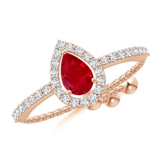 6x4mm AAA Floating Pear-Shaped Ruby Bolo Ring with Halo in Rose Gold