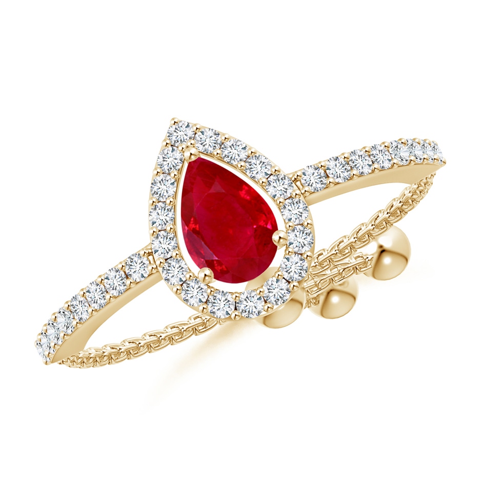 6x4mm AAA Floating Pear-Shaped Ruby Bolo Ring with Halo in Yellow Gold 