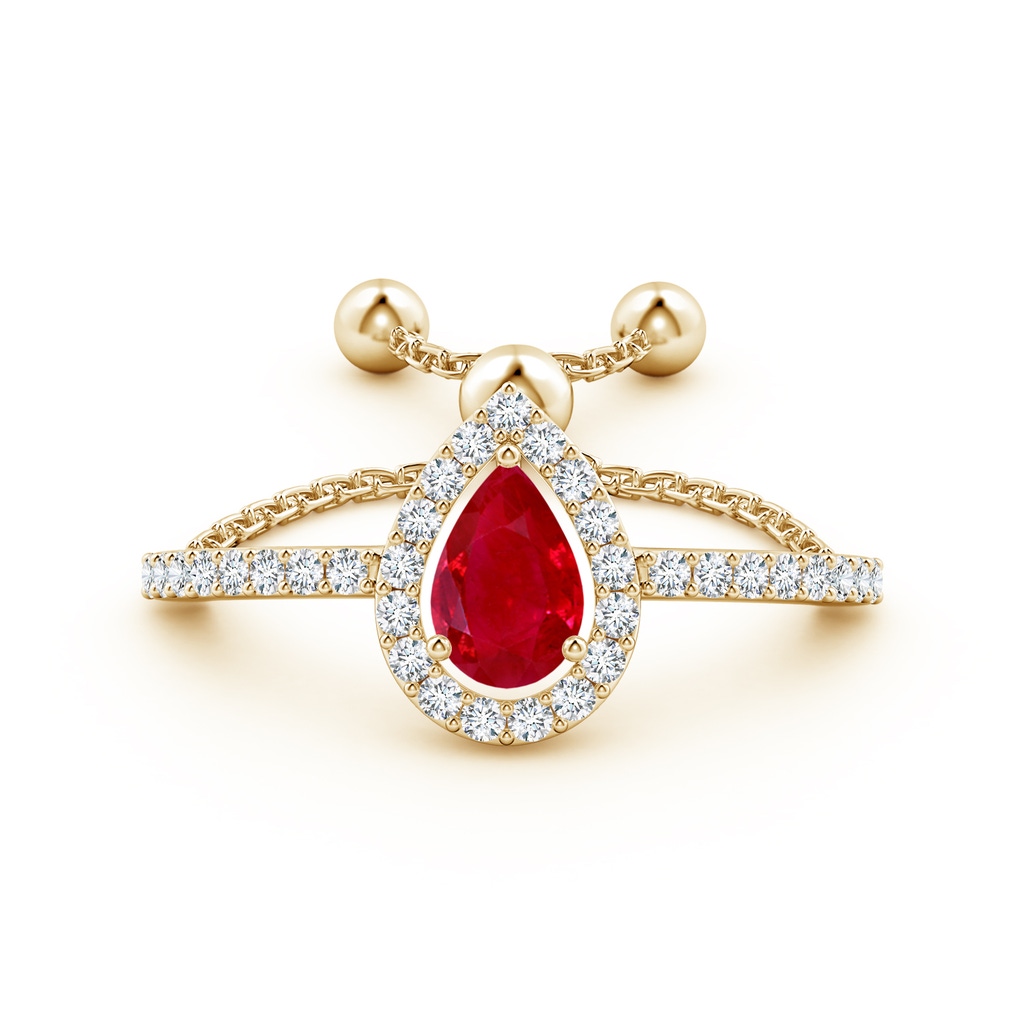 6x4mm AAA Floating Pear-Shaped Ruby Bolo Ring with Halo in Yellow Gold - side 199