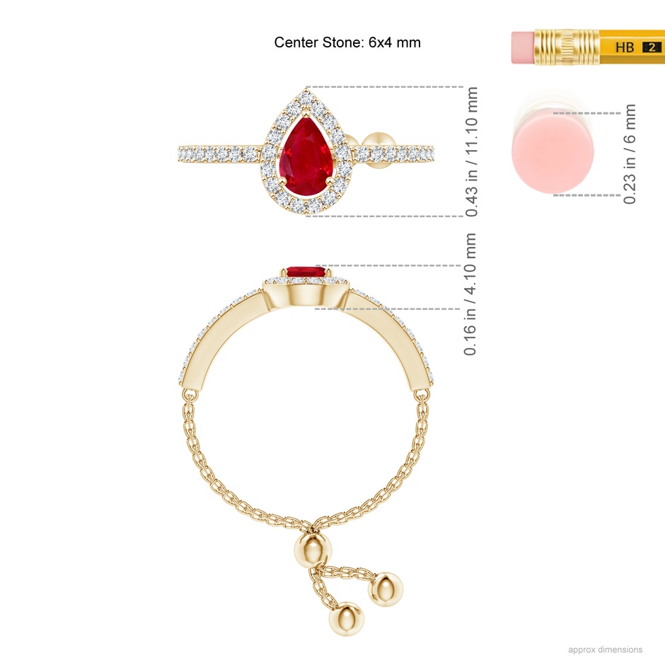 6x4mm AAA Floating Pear-Shaped Ruby Bolo Ring with Halo in Yellow Gold ruler