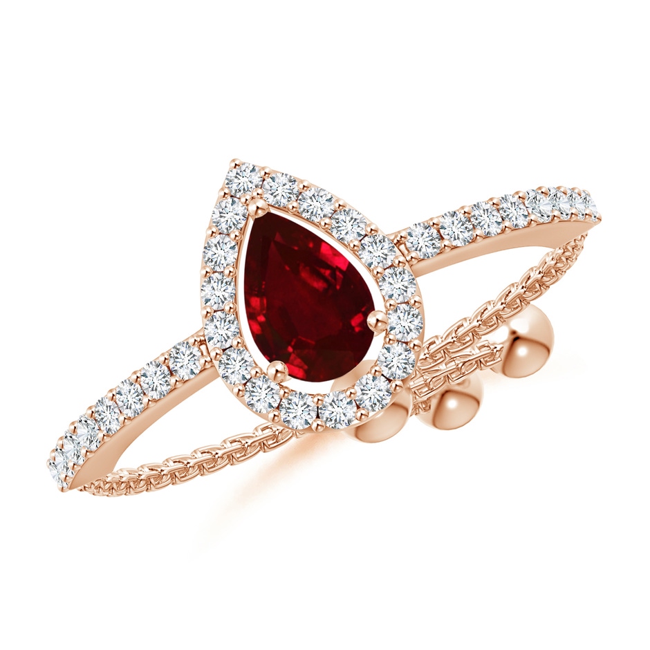6x4mm AAAA Floating Pear-Shaped Ruby Bolo Ring with Halo in Rose Gold 