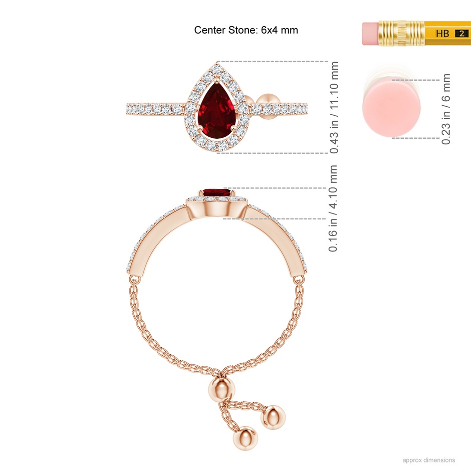 6x4mm AAAA Floating Pear-Shaped Ruby Bolo Ring with Halo in Rose Gold ruler