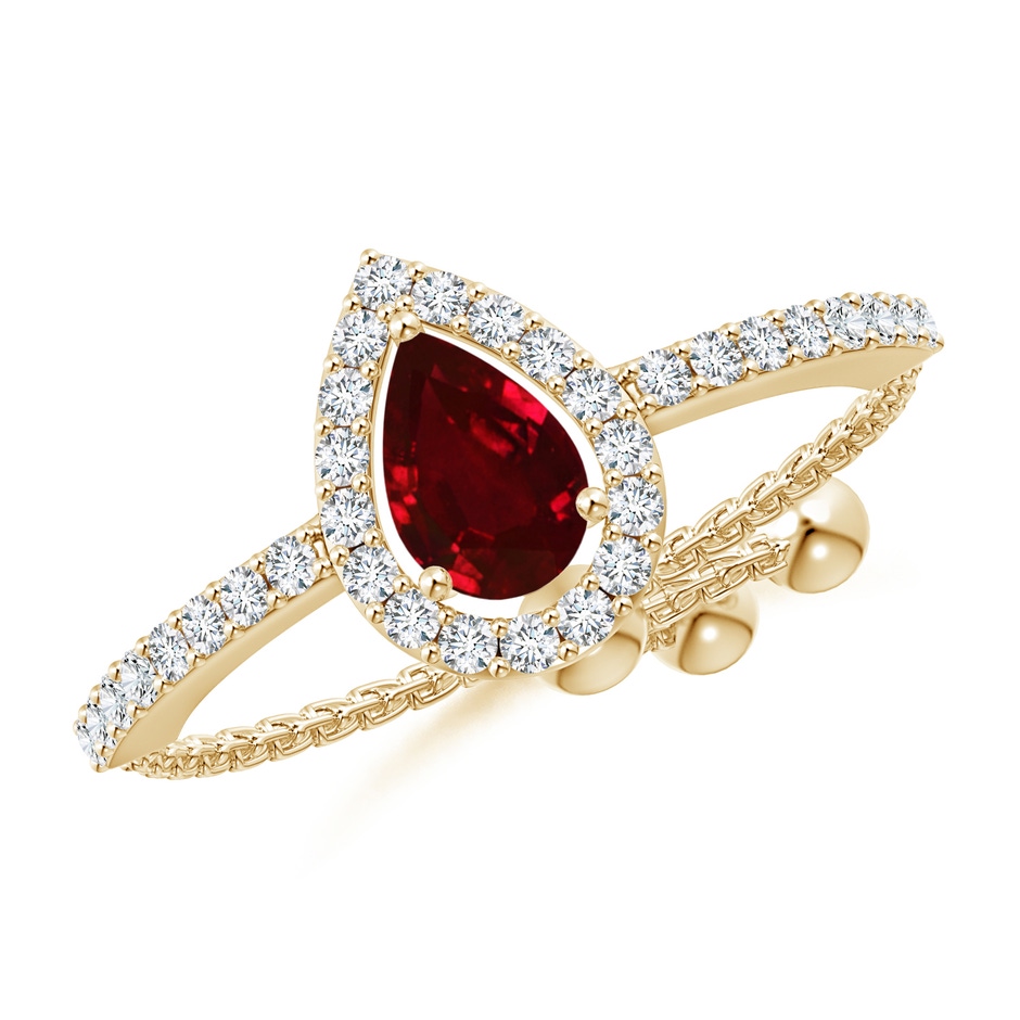 6x4mm AAAA Floating Pear-Shaped Ruby Bolo Ring with Halo in Yellow Gold 