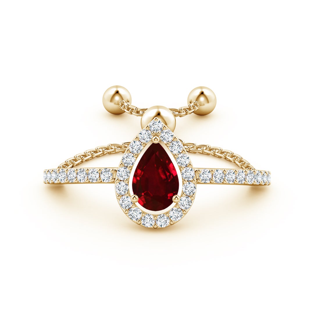 Floating Pear-Shaped Ruby Bolo Ring with Halo