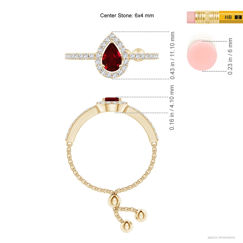 6x4mm AAAA Floating Pear-Shaped Ruby Bolo Ring with Halo in Yellow Gold ruler