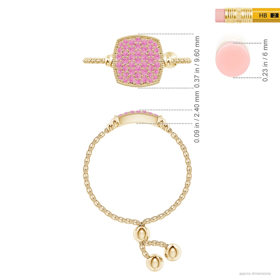 1.2mm A Pave-Set Pink Sapphire Cushion Bolo Ring in Yellow Gold ruler