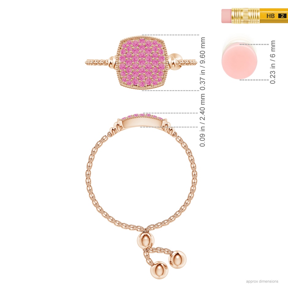 1.2mm AA Pave-Set Pink Sapphire Cushion Bolo Ring in Rose Gold ruler