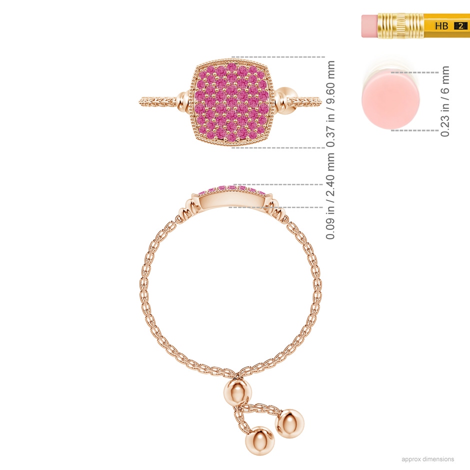 1.2mm AAA Pave-Set Pink Sapphire Cushion Bolo Ring in Rose Gold ruler
