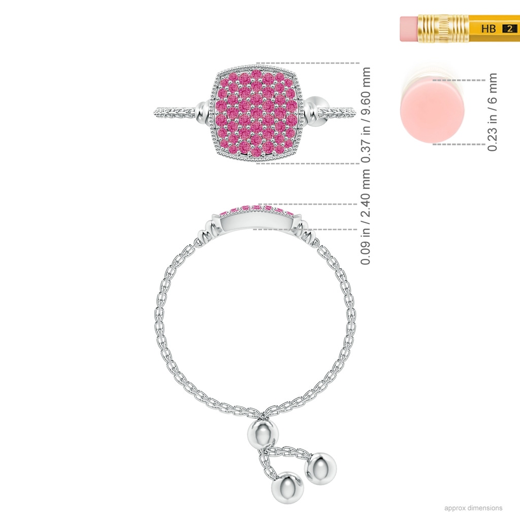 1.2mm AAA Pave-Set Pink Sapphire Cushion Bolo Ring in White Gold Ruler