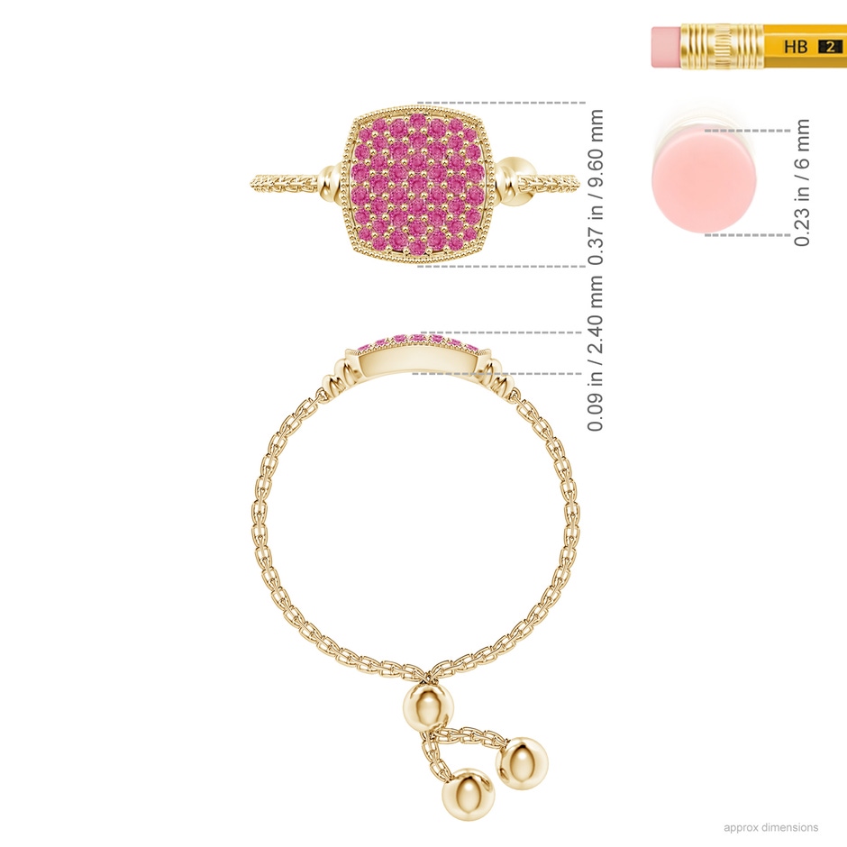 1.2mm AAA Pave-Set Pink Sapphire Cushion Bolo Ring in Yellow Gold ruler