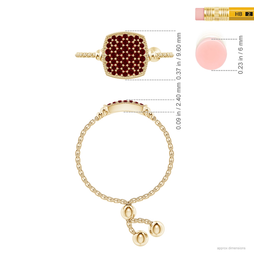 1.2mm AAAA Pave-Set Ruby Cushion Bolo Ring in Yellow Gold Ruler