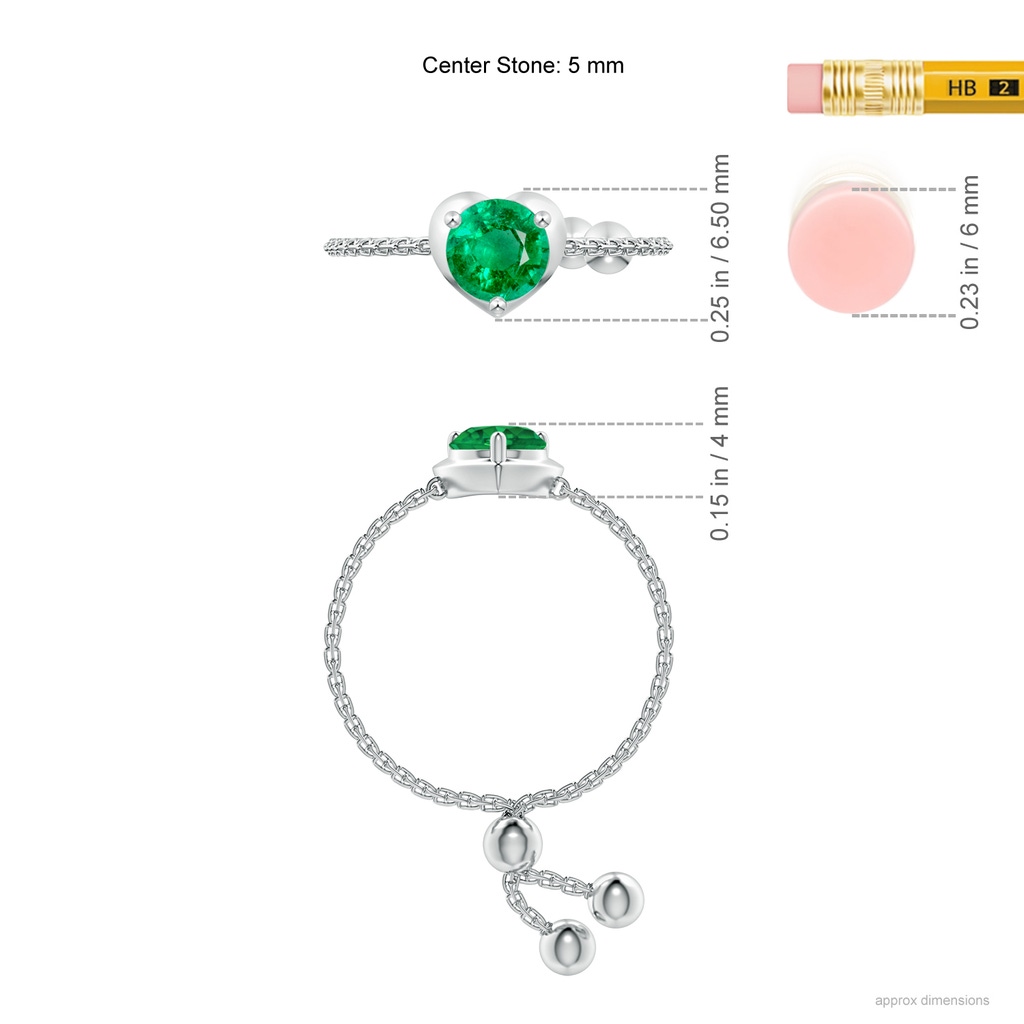 5mm AAA Round Emerald Solitaire Heart Bolo Ring in White Gold Ruler