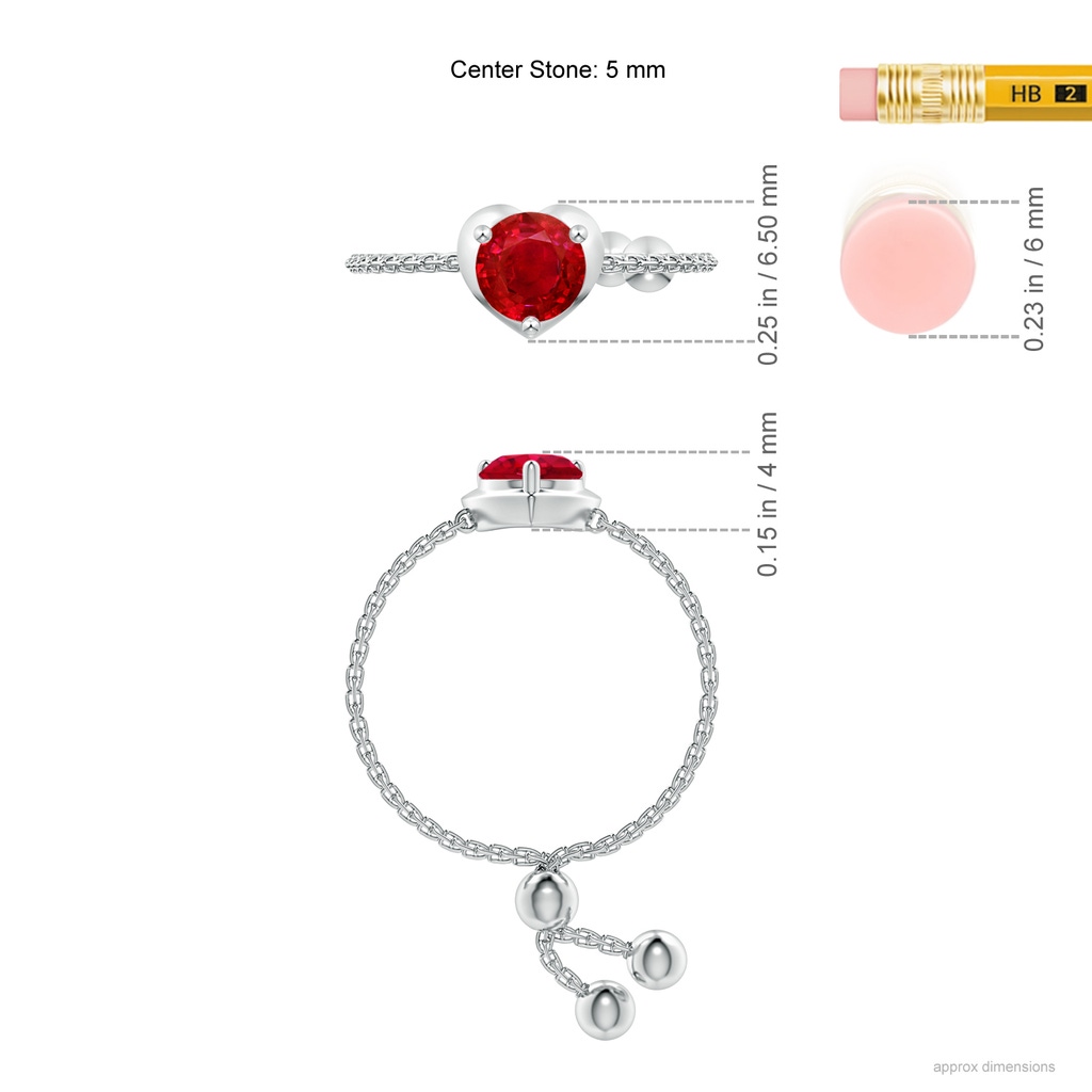 5mm AAA Round Ruby Solitaire Heart Bolo Ring in White Gold Ruler